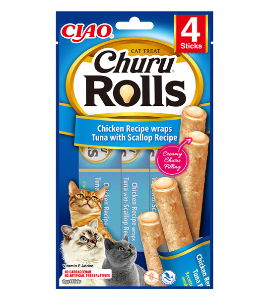Churu Rolls Pollo con Atún y Vieira - Barritas Naturales para Gatos