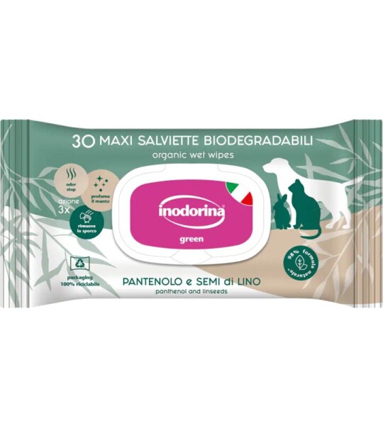 Inodorina Green Toallitas Biodegradables con Pantenol y Semillas de Lino – 30 unidades