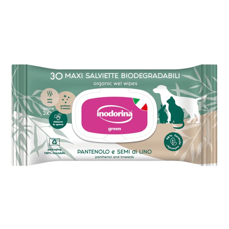 Inodorina Green Toallitas Biodegradables con Pantenol y Semillas de Lino – 30 unidades