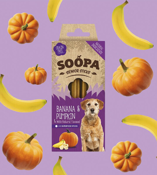 Soopa Barritas Dentales de Plátano y Calabaza para Perros Senior